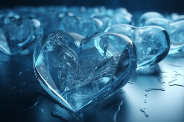A heart made of ice on a blue background. Cold love concept, unrequited love. Generative AI