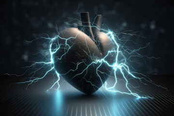 A surreal heart made of thunder on dark background, symbolizing a connection of love. Generative AI