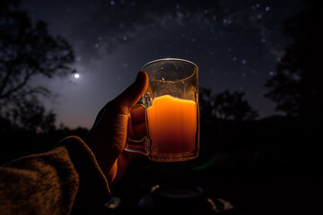 Enjoying glass of orange juice at campsite with cozy campfire and starry night sky. Generative AI.