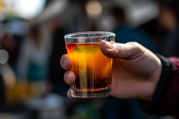Glass of juice amidst a lively food truck festival with a diverse array of cuisines. Generative AI