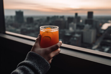 Fototapeta premium Drinking juice at a rooftop bar with a view of the city skyline. Generative AI