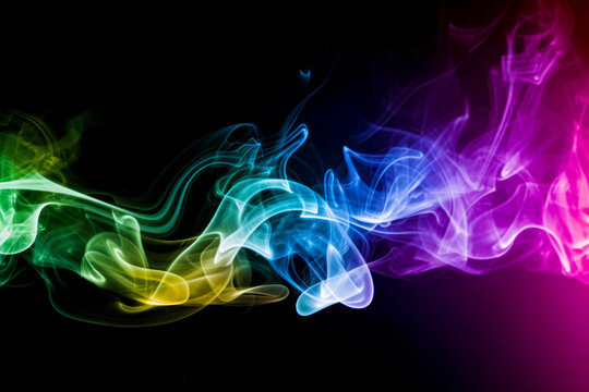 Colorful smoke on black background with black background and red, yellow, green, and blue smoke. Generative AI.