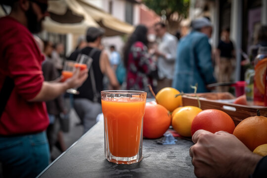 Fresh orange juice at a vibrant farmer market. Generative AI