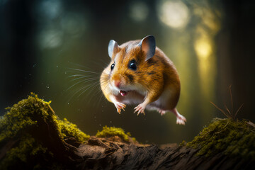 Brown and white hamster jumping in the air over mossy ground. Generative AI.