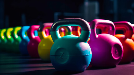 Naklejka na ściany i meble Row of colorful weights sitting on top of wooden table next to each other. Generative AI.