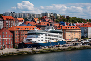 Fototapeta na wymiar Cruise ship in Baltic sea with colorful buildings in view. Generative AI