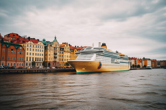 Cruise ship in Baltic sea with colorful buildings in view. Generative AI