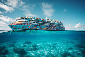 A psychedelic Cruise Ship in the Caribbean with crystal clear blue water. Generative AI