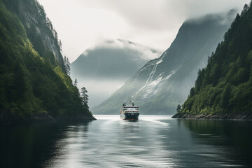 Cruise ship sailing in misty fjord among rising mountains. Generative AI - obrazy, fototapety, plakaty