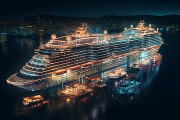 A panoramic aerial view of a cruise ship at night, featuring smart services. Generative AI - obrazy, fototapety, plakaty