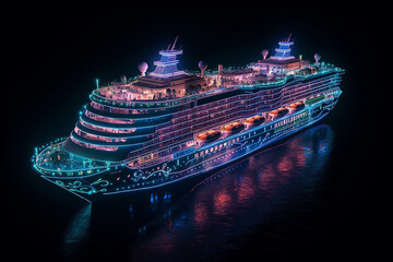 A panoramic aerial view of a cruise ship at night, featuring smart services. Generative AI