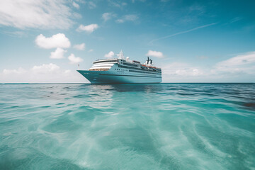 Stunning view of a cruise ship sailing in crystal clear blue waters of the Caribbean. Generative AI