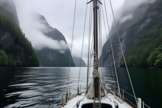 Cruise ship sailing in misty fjord among rising mountains. Generative AI