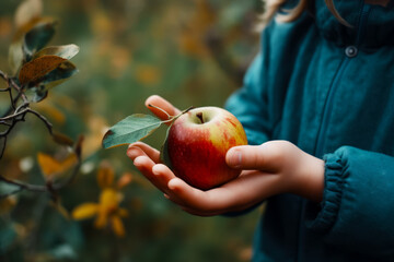 Person holding apple with leaf on top of it in their hand. Generative AI.