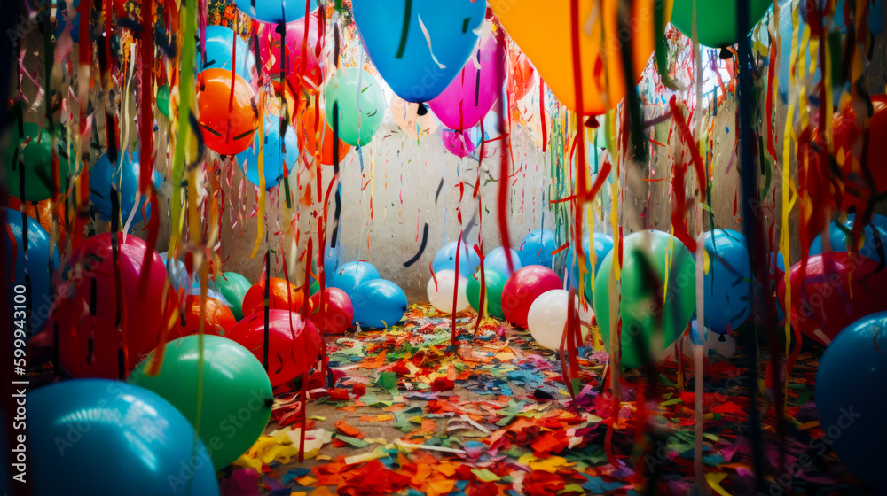 Sticker room filled with lots of balloons and streamers of confetti. generative ai.