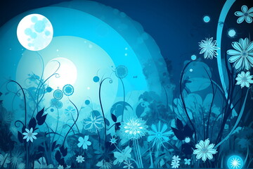 Fototapeta na wymiar Blue background with bunch of flowers and full moon in the sky. Generative AI.