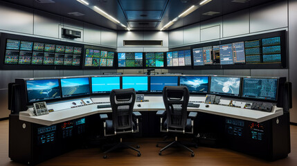 Control room with multiple monitors and lot of screens on the wall. Generative AI.