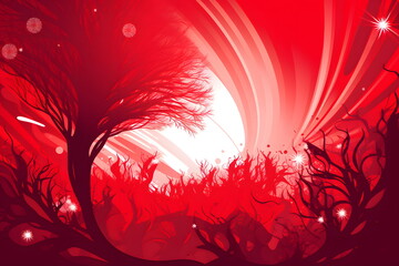 Fototapeta na wymiar Red abstract background with tree and sun in the background and stars in the sky. Generative AI.