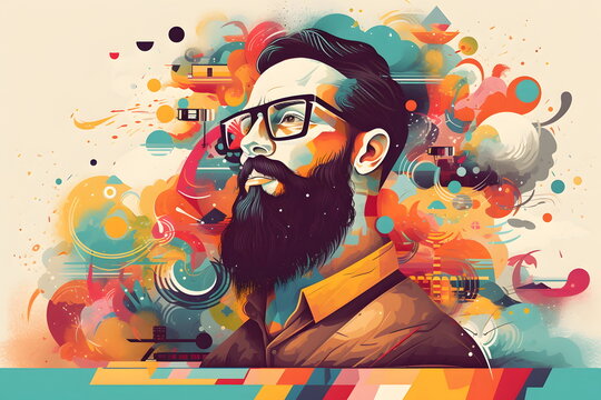 Image of man with beard and glasses on colorful background. Generative AI.