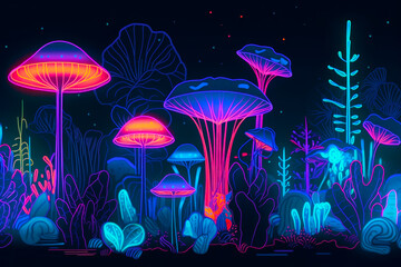 Naklejka na ściany i meble Image of many different types of mushrooms in dark blue night sky. Generative AI.