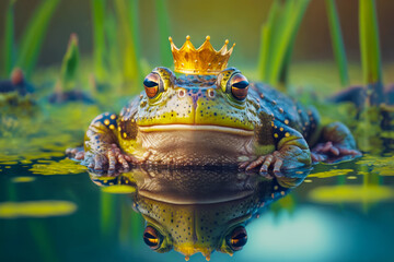 Frog with crown sitting on top of it's head in the water. Generative AI.