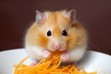 Hamster eating pile of shredded carrots on white plate. Generative AI.
