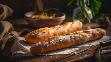 Two loaves of bread sitting on table next to bowl of pasta. Generative AI.