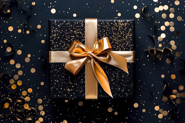 Gift box with a golden ribbon on a black background. Surprise. Festive background.