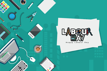 Labour day design business concept in line flat style. International solidarity of workers. Vector illustration. Copy space.