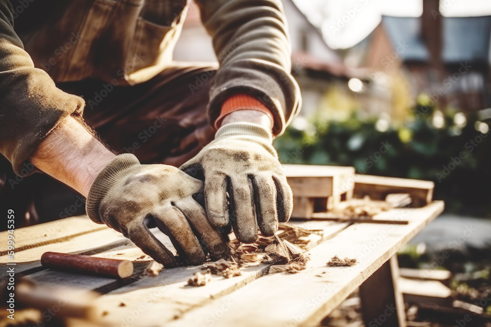 Wall mural man steals a wooden with a milling machine. generative ai