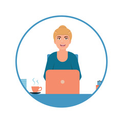 Avatar of a young girl who works at a laptop, full-time office worker or freelancer. Woman professional vector illustration