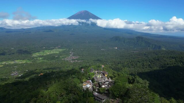 Aerial view of Pura Penataran Agung Lempuyang temple with mount Agung view in Bali.
