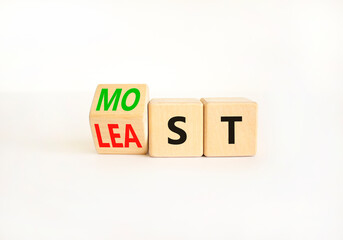 Most or least symbol. Businessman turns wooden cubes and changes the word Least to Most. Beautiful white table white background. Copy space. Business and most or least concept.
