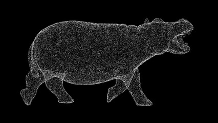 3D hippopotamus on black background. Object made of shimmering particles. Wild animals concept. For title, text, presentation. 3d animation.