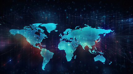 Fototapeta na wymiar Global technologies data on the world map banner background. Generative Ai