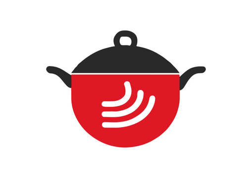 red cooking pot with a lid. vector logo. Cooking illustration. Black and white isolated on white