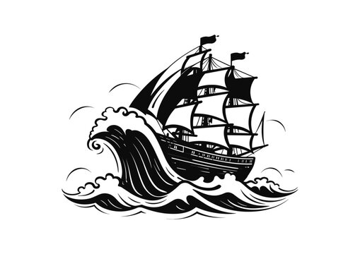 vector illustration black and white pirate sail ship on the sea