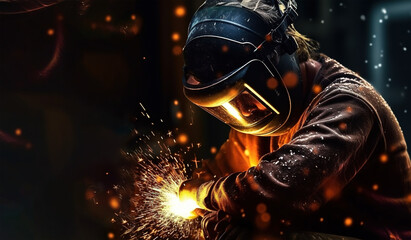 welder is welding metal , industry them bokeh and sparkle background