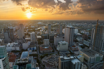 Aerial view of downtown office district of Miami Brickell in Florida, USA at sunset. High...