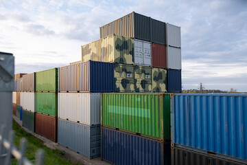 Military shipping containers contain weapon or special-purpose. A lot of stacked cargo containers. Army logistic war armor concept