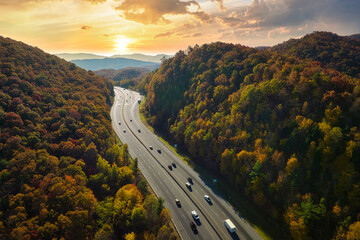 Aerial view of I-40 freeway in North Carolina leading to Asheville through Appalachian mountains in...