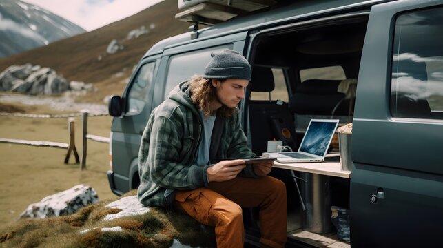A digital nomad working on a laptop from the comfort of a cozy camper van parked in a scenic mountain landscape. Generative Ai.