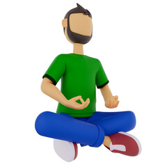 3d cartoon character illustration of meditating man sitting on the floor in yoga lotus position