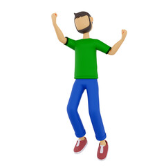 Fototapeta na wymiar 3D Character celebrating a victory casual man winner happy jumping for joy gesture