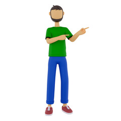 3d male character pointing next to him