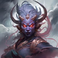 A female oni  demon with horns and red eyes Generative Ai