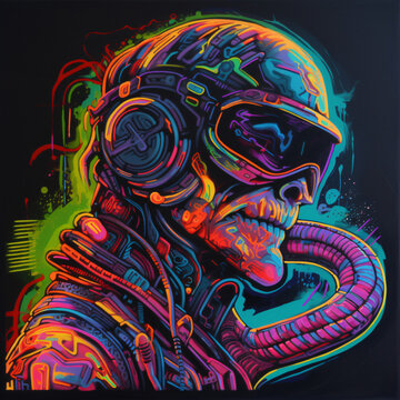 a neon colorful skull motorcycle raider art design on a black background Generative Ai