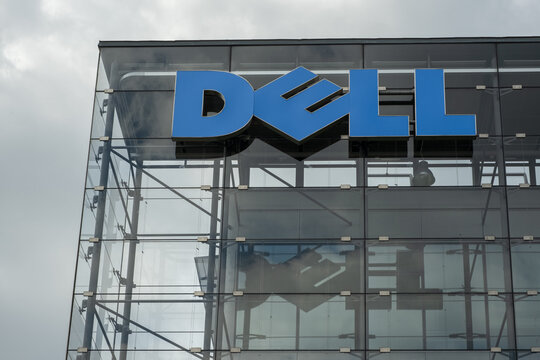 Prague,CZ -27 April 2023: The DELL sign Logo on Czech Republic Headquarter. Technology Concept Corporation.