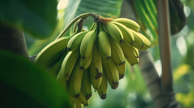 Fresh green bananas fruit growing on tropical farm. Generative Ai