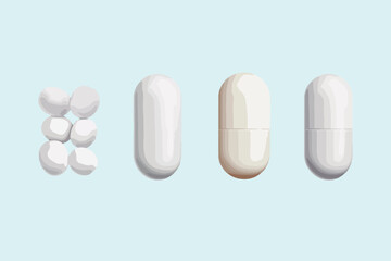 Obraz premium Realistic white medicine pills and tablets isolated, Healthcare template